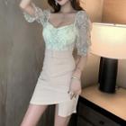 Lace Panel Short-sleeve Two-tone Mini Bodycon Dress