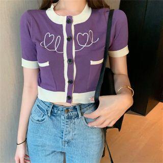 Heart Print Short-sleeve Cropped Cardigan