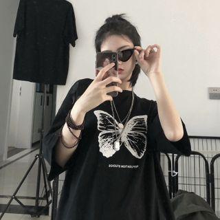 Short-sleeve Butterfly Print T-shirt Black - One Size