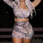 Set: One-shoulder Long-sleeve Crop Top + Leaf Print Mini Pencil Skirt