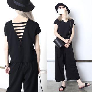 Set: Cutout-back Top + Wide-leg Pants