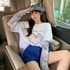 Short-sleeve Mock Two-piece Heart Print T-shirt / Letter Embroidered Shorts