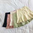 Plain High-waist Ruffled-trim Faux Leather A-line Skirt