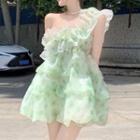 One-shoulder Ruffled A-line Dress Green - One Size