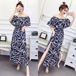 Leaf Print Cold Shoulder Short-sleeve Maxi Dress