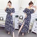 Leaf Print Cold Shoulder Short-sleeve Maxi Dress