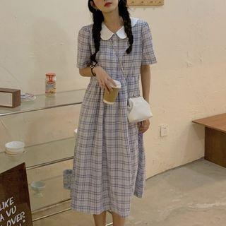 Short-sleeve Plaid Midi A-line Dress Plaid - Light Blue & White - One Size