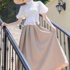 Set: Puff-sleeve Collar Asymmetrical Top + Midi A-line Skirt