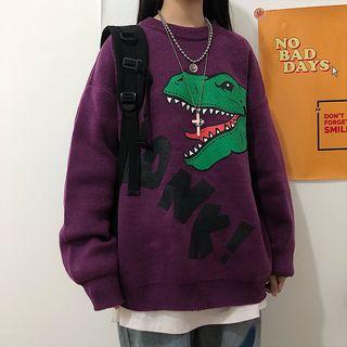 Lettering Dinosaur Round Neck Sweater