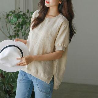 Short Puff-sleeve Linen Pullover