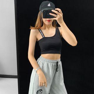 Lettering-strap Asymmetric Crop Tank Top