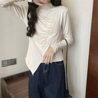 Long-sleeve Mock Neck Asymmetrical Shirred Top