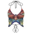 Butterfly Graphic Color-block Halter-neck Top Red & Blue - One Size