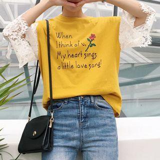 Lace 3/4-sleeve Lettering T-shirt