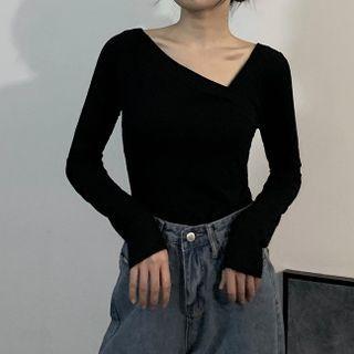 Long-sleeve Low Collar Plain Top