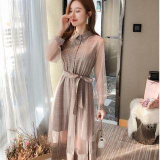 Mesh Panel Plaid A-line Dress