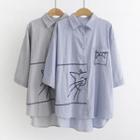 3/4-sleeve Embroidered Cat Striped Shirt