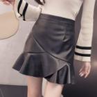 Ruffle Hem Faux Leather Fitted Skirt