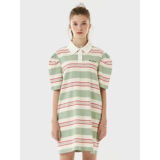 Puff-sleeve Stripe Polo Shirtdress Mint Green - One Size