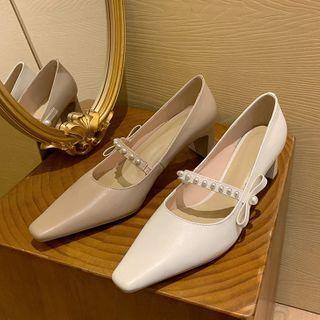 Faux Pearl Mary Jane Genuine Leather Block Heel Pumps