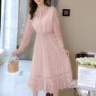 Belted Mock Two-piece Long-sleeve Midi Lace Dress