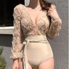 Lace Panel Tie-waist Long-sleeve Swimsuit
