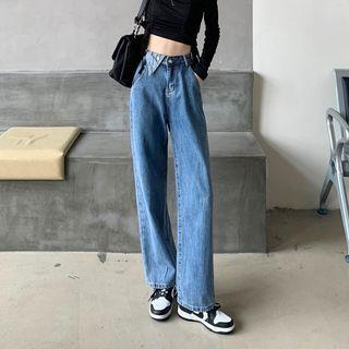 One-shoulder Suspender Baggy Jeans