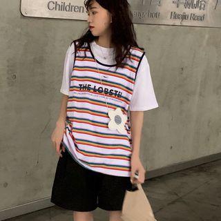 Short-sleeve Plain T-shirt / Striped Tank Top / Wide Leg Shorts