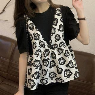 Short-sleeve Mock Two-piece Floral Blouse Black - One Size
