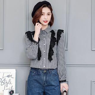 Ruffle Lace-trim Pinstripe Blouse