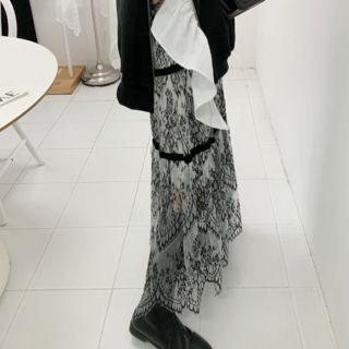 Lace-overlay Velvet-trim Maxi Skirt