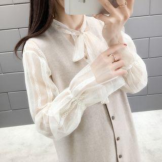 Tie-neck Lace Blouse / Buttoned Long Knit Vest