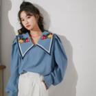 Embroider Color-block Long-sleeve Shirt