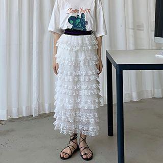 Lace Trim Layered Midi A-line Skirt White - One Size