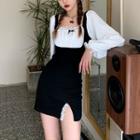 Mock Two-piece Long-sleeve Lace Trim Mini Bodycon Dress
