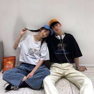 Couple Matching Cartoon Embroidered Short-sleeve T-shirt