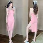 Halter-neck Slit Midi Sheath Dress Pink - One Size