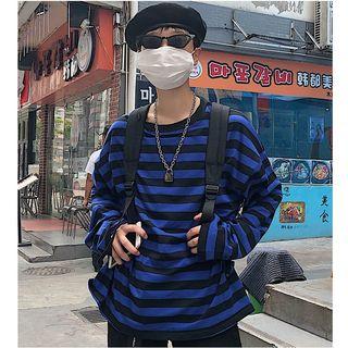 Couple Matching Long-sleeve Striped T-shirt Blue - One Size