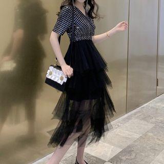 Elbow-sleeve Midi A-line Tiered Mesh Dress