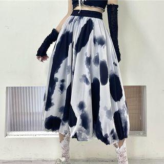 Ink Print Midi A-line Skirt Black & White - One Size