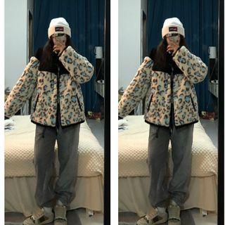 Leopard Print Faux Shearling Zip Jacket Leopard Print - Blue - One Size