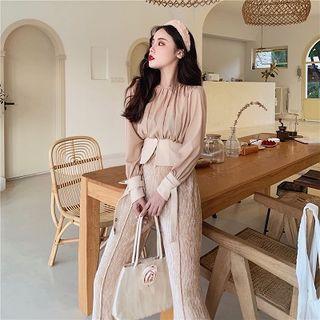 Plain Crewneck Loose-fit Long-sleeve Blouse / Plain High-waist Loose-fit Wide-leg Pants