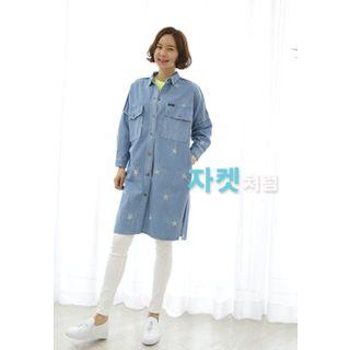 Drop-shoulder Star Pattern Denim Shirtdress