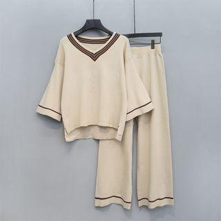 Set: V-neck 3/4-sleeve Sweater + Pants