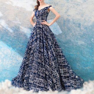 Patterned Off Shoulder Evening Gown