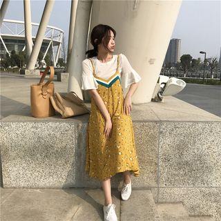 Plain Bell-sleeve T-shirt / Floral V-neck Chiffon Slipdress