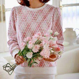 Puff-sleeve Plaid Boucl  Sweatshirt