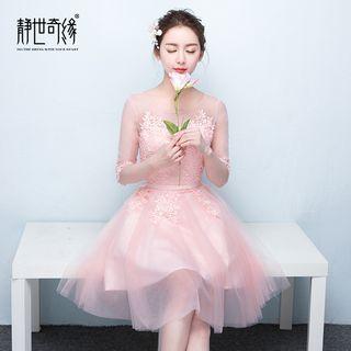 Elbow-sleeve Lace Appliqu  Mini Prom Dress