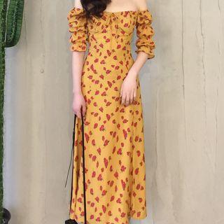 Elbow-sleeve Off-shoulder Patterned A-line Dress