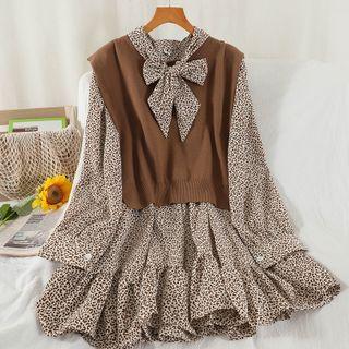 Set: Long-sleeve Leopard A-line Dress + Sweater Vest